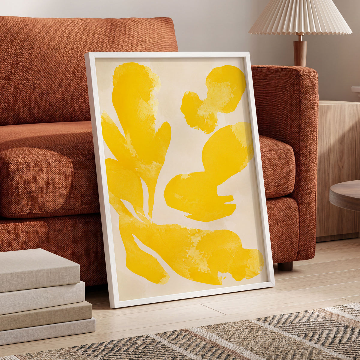 Saffron Drift, yellow, beige, white abstract wall art displayed in a styled interior, gallery view 6