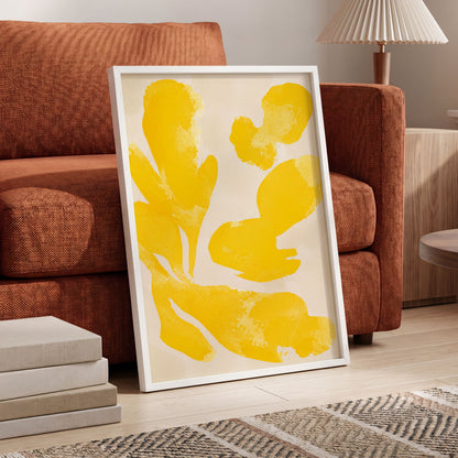 Saffron Drift, yellow, beige, white abstract wall art displayed in a styled interior, gallery view 6