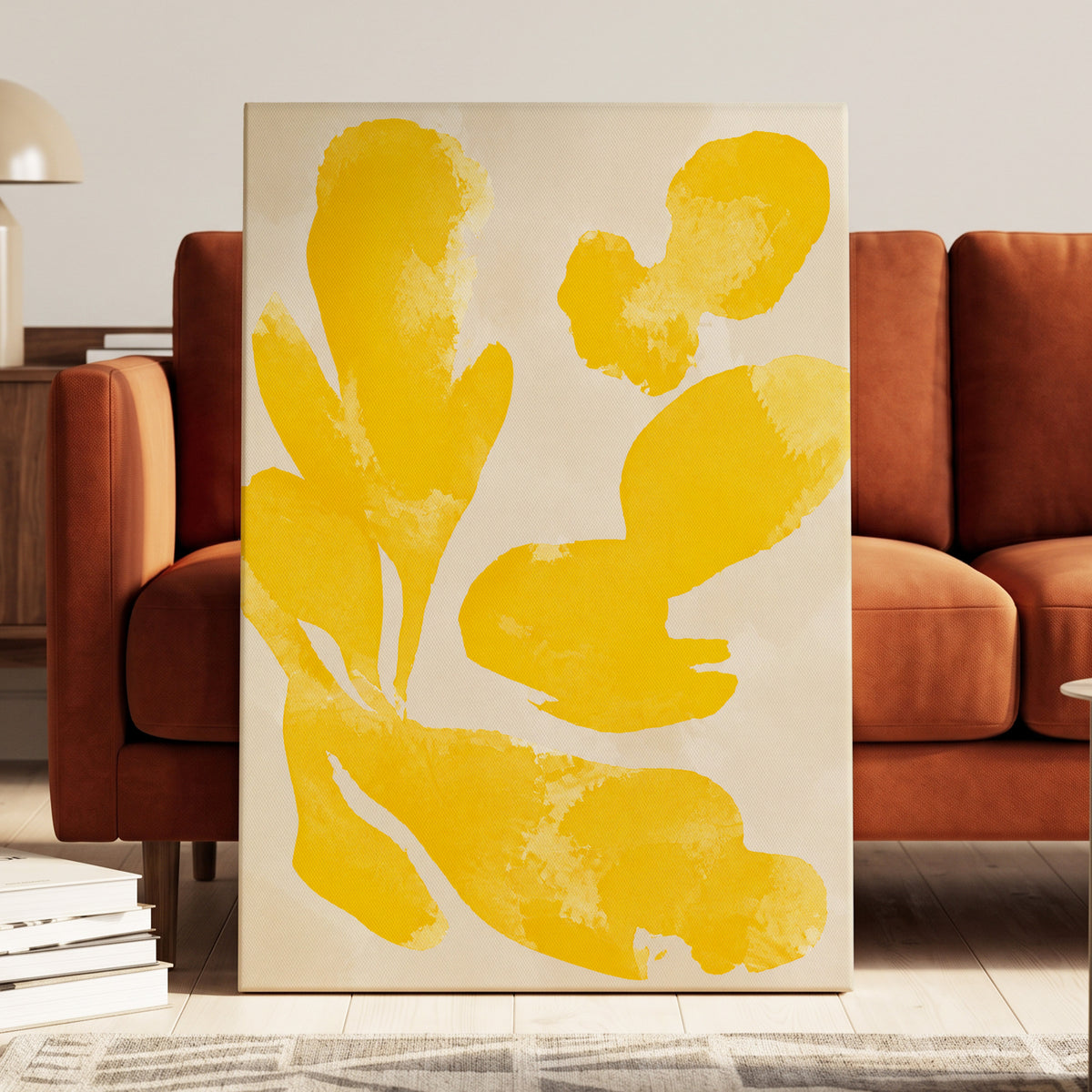 Saffron Drift, yellow, beige, white abstract wall art displayed in a styled interior, gallery view 7