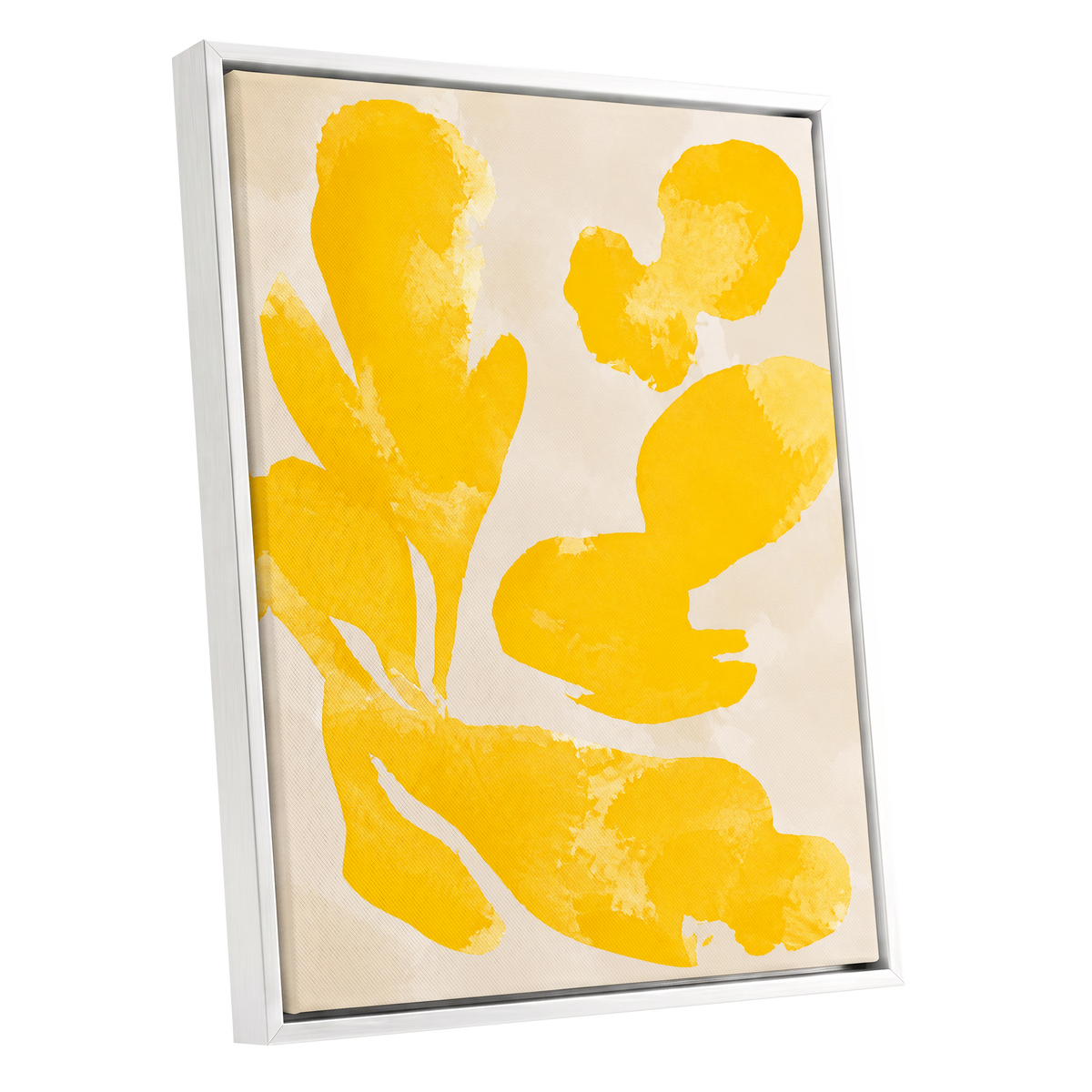 Saffron Drift, yellow, beige, white abstract wall art shown as a white framed canvas wall art