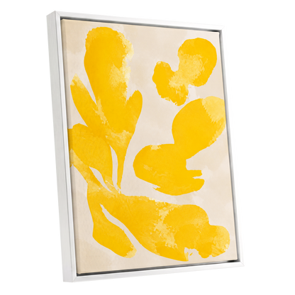 Saffron Drift, yellow, beige, white abstract wall art shown as a white framed canvas wall art