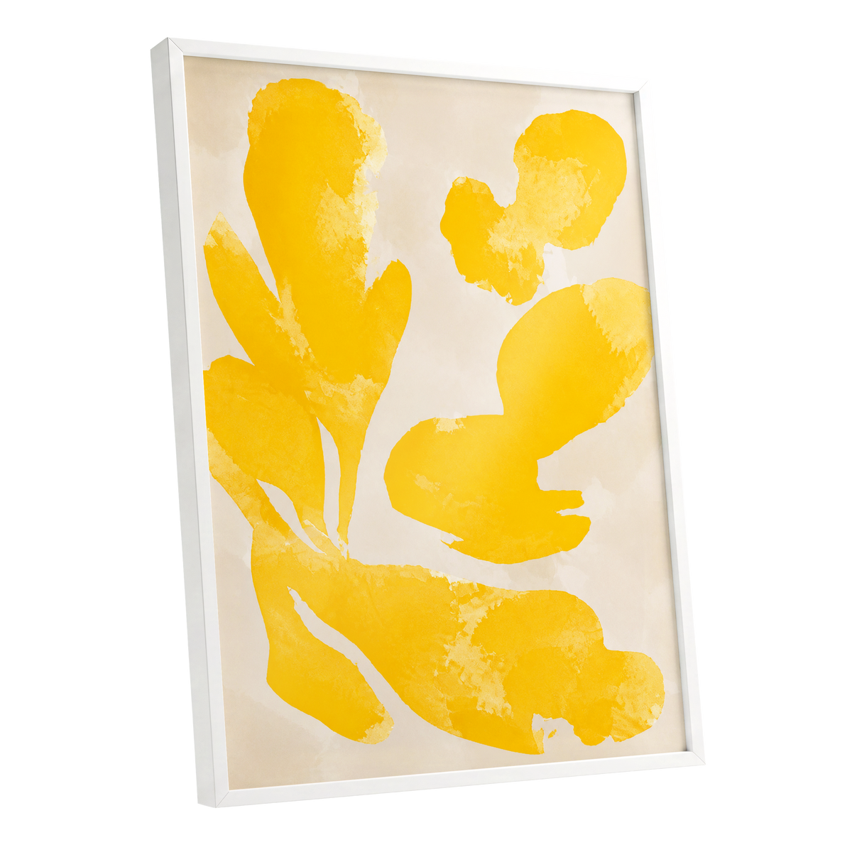 Saffron Drift, yellow, beige, white abstract wall art shown as a white framed poster wall art print