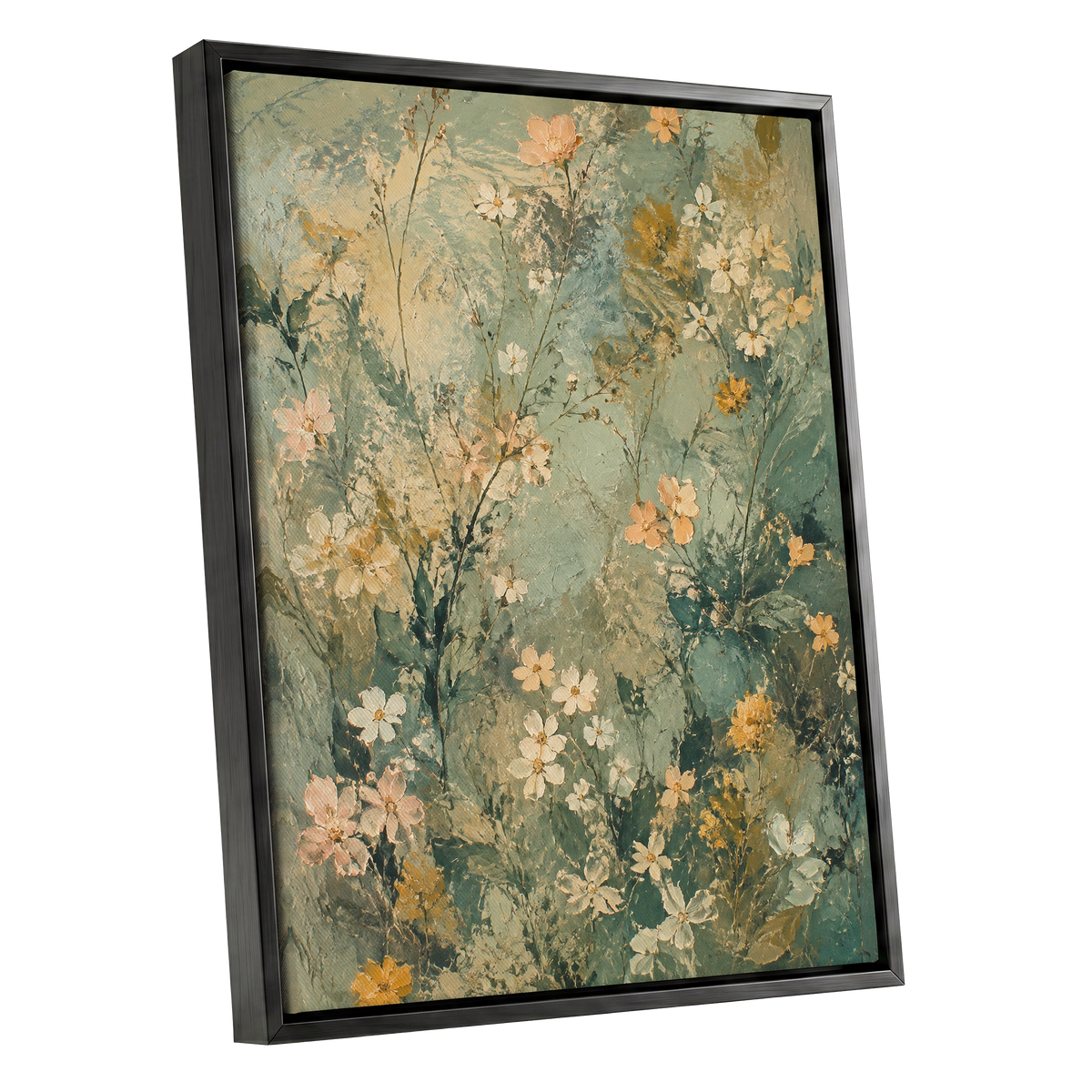 Sage Blossom Drift, green, beige, white floral wall art shown as a black framed canvas wall art