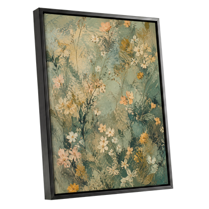 Sage Blossom Drift, green, beige, white floral wall art shown as a black framed canvas wall art