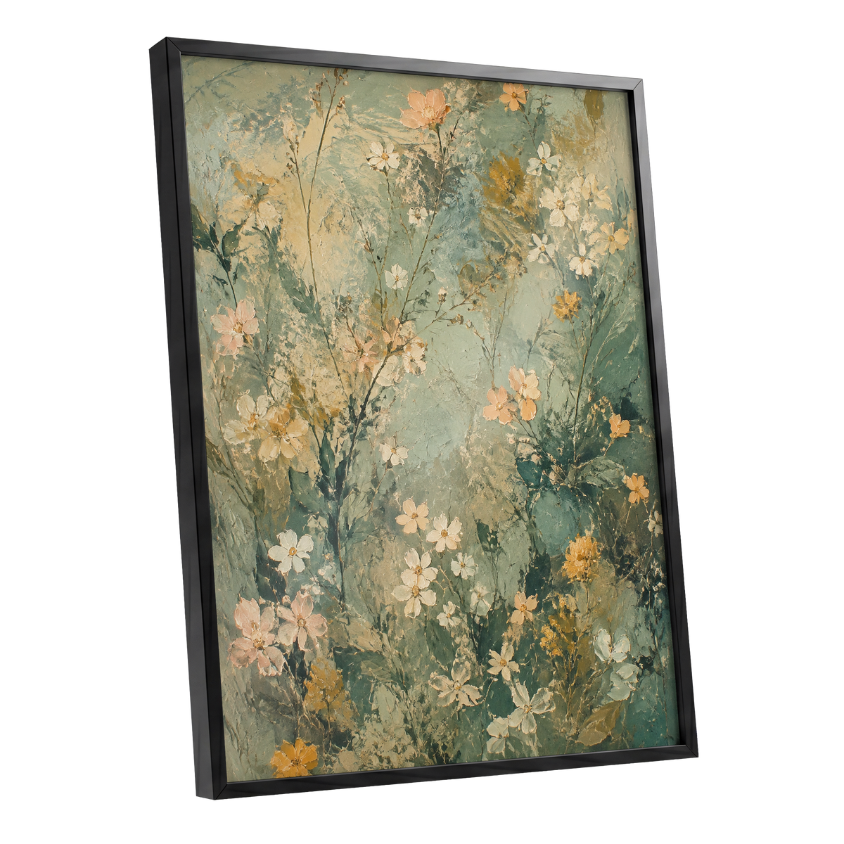 Sage Blossom Drift, green, beige, white floral wall art shown as a black framed poster wall art print