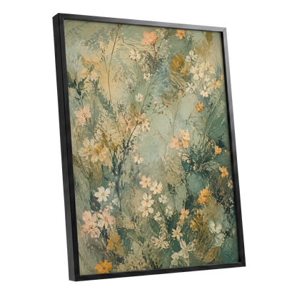 Sage Blossom Drift, green, beige, white floral wall art shown as a black framed poster wall art print