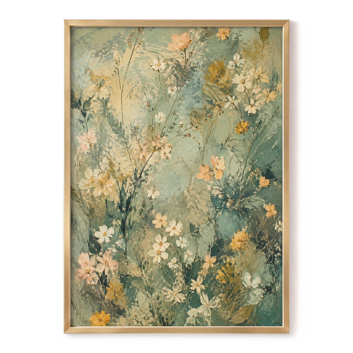 Sage Blossom Drift, green, beige, white floral wall art, front artwork view