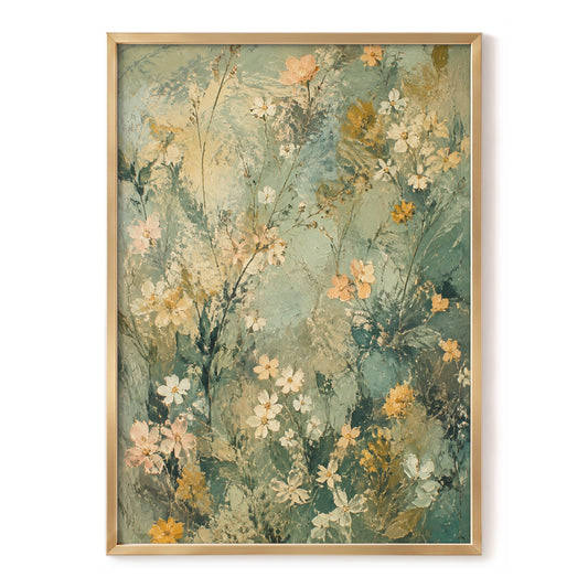 Sage Blossom Drift, green, beige, white floral wall art, front artwork view