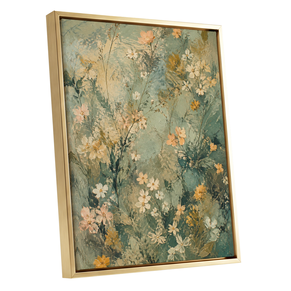 Sage Blossom Drift, green, beige, white floral wall art shown as a gold framed canvas wall art