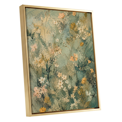 Sage Blossom Drift, green, beige, white floral wall art shown as a gold framed canvas wall art