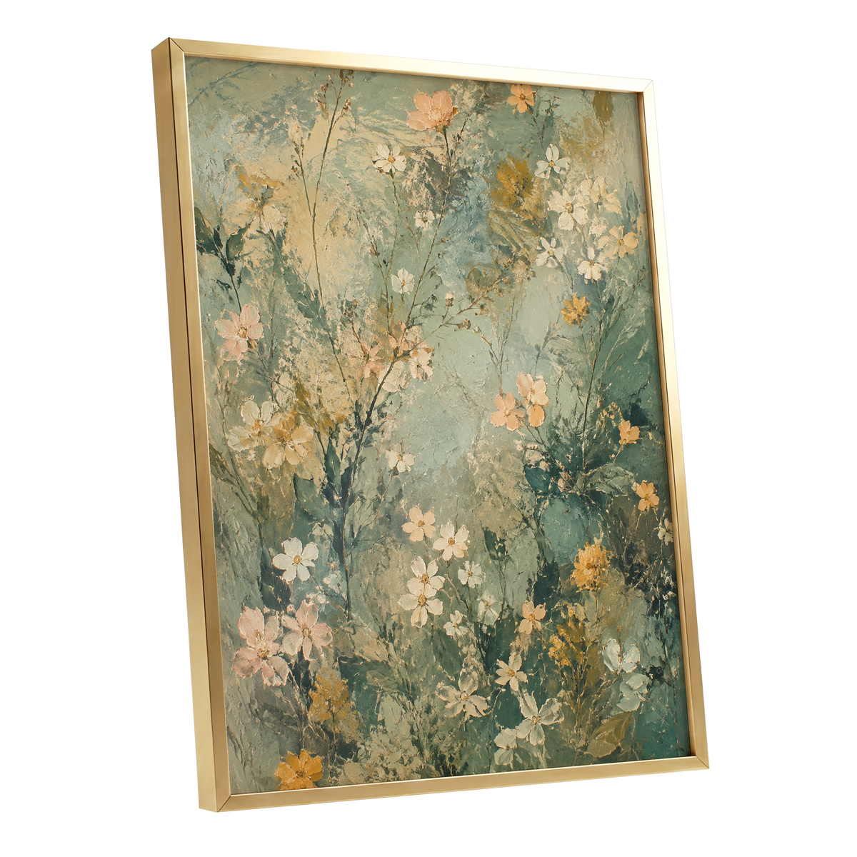 Sage Blossom Drift, green, beige, white floral wall art shown as a gold framed poster wall art print
