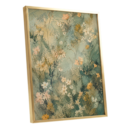 Sage Blossom Drift, green, beige, white floral wall art shown as a gold framed poster wall art print