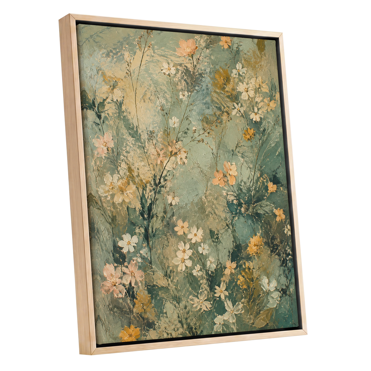 Sage Blossom Drift, green, beige, white floral wall art shown as a oak framed canvas wall art