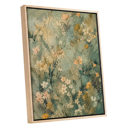 Sage Blossom Drift, green, beige, white floral wall art shown as a oak framed canvas wall art