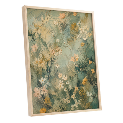 Sage Blossom Drift, green, beige, white floral wall art shown as a oak framed poster wall art print