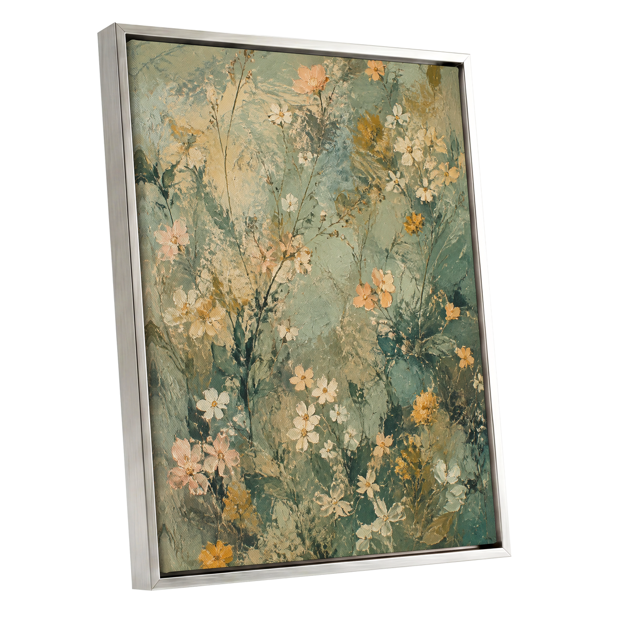 Sage Blossom Drift, green, beige, white floral wall art shown as a silver framed canvas wall art
