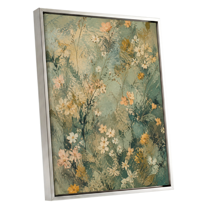 Sage Blossom Drift, green, beige, white floral wall art shown as a silver framed canvas wall art