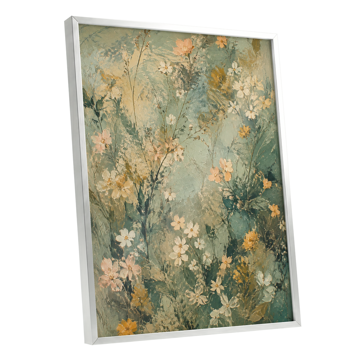 Sage Blossom Drift, green, beige, white floral wall art shown as a silver framed poster wall art print