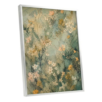 Sage Blossom Drift, green, beige, white floral wall art shown as a silver framed poster wall art print