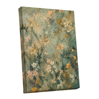 Sage Blossom Drift, green, beige, white floral wall art shown as a stretched canvas wall art