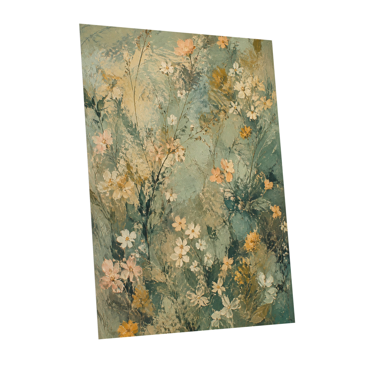 Sage Blossom Drift, green, beige, white floral wall art shown as a unframed poster wall art print