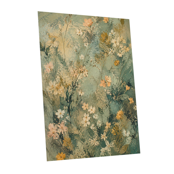 Sage Blossom Drift, green, beige, white floral wall art shown as a unframed poster wall art print