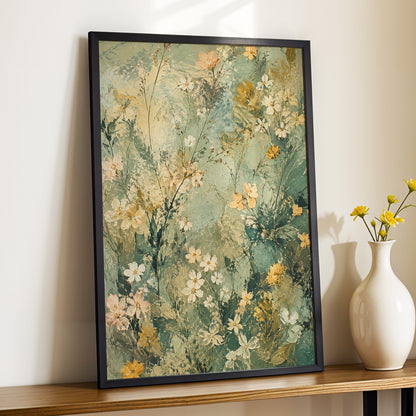 Sage Blossom Drift, green, beige, white floral wall art displayed in a styled interior, gallery view 2