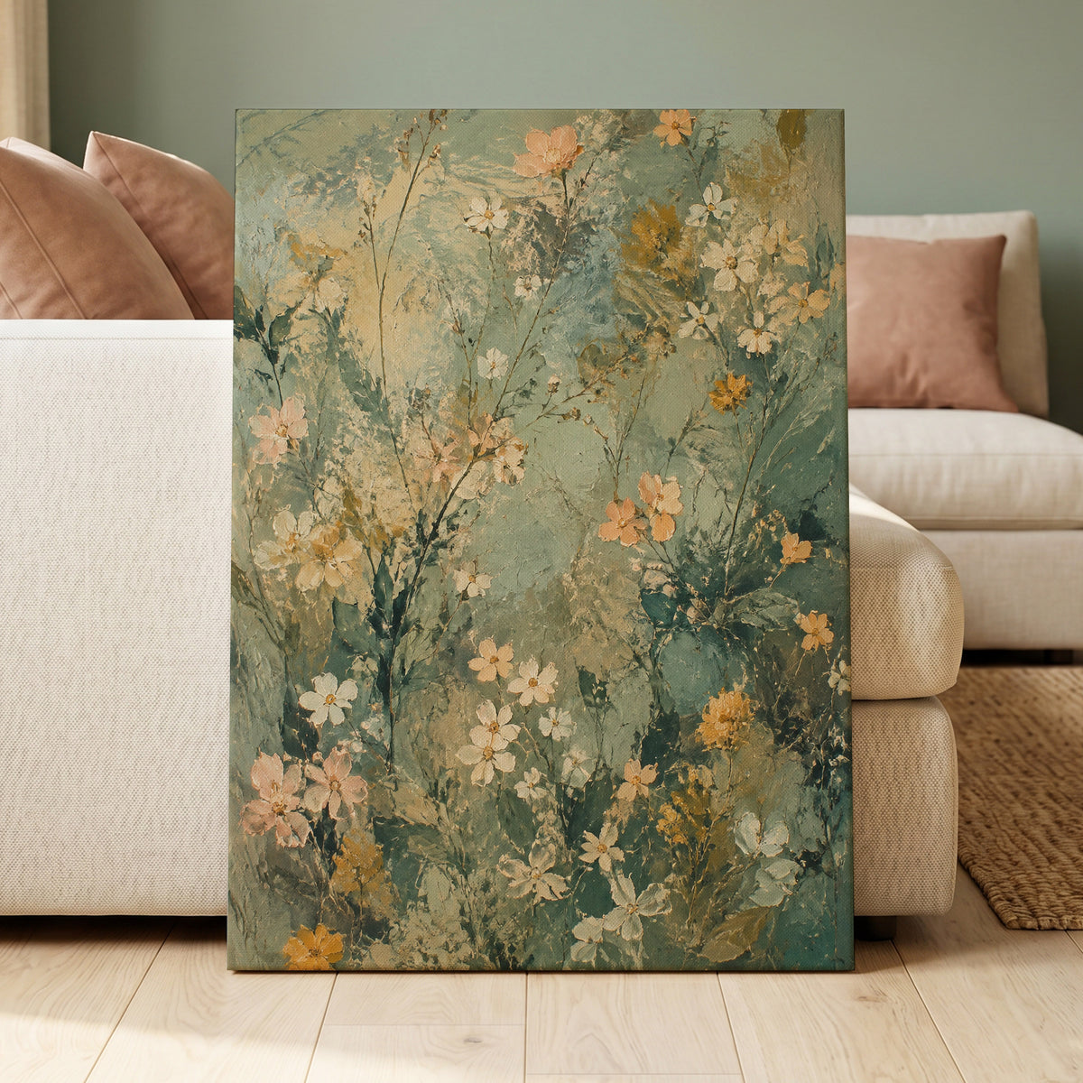 Sage Blossom Drift, green, beige, white floral wall art displayed in a styled interior, gallery view 3