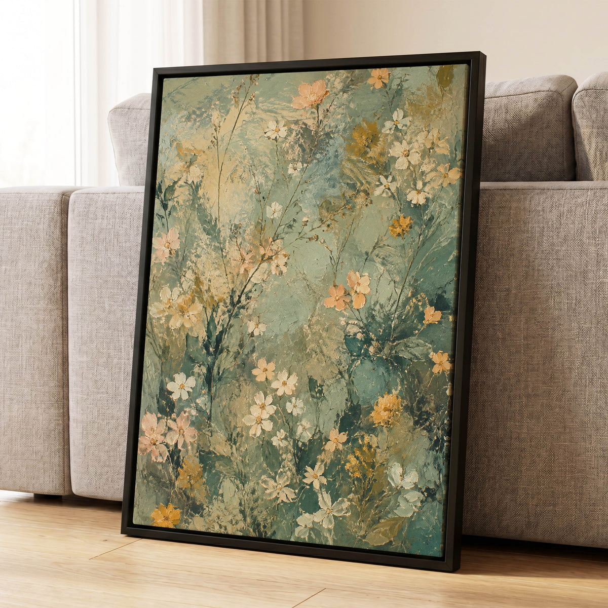 Sage Blossom Drift, green, beige, white floral wall art displayed in a styled interior, gallery view 4