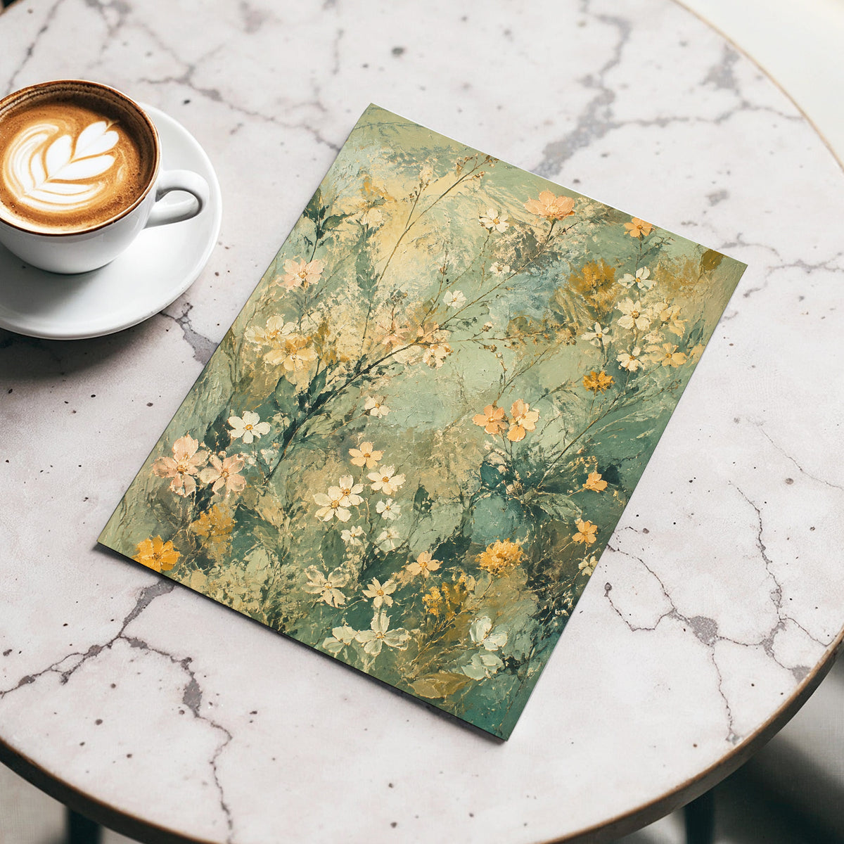 Sage Blossom Drift, green, beige, white floral wall art displayed in a styled interior, gallery view 5