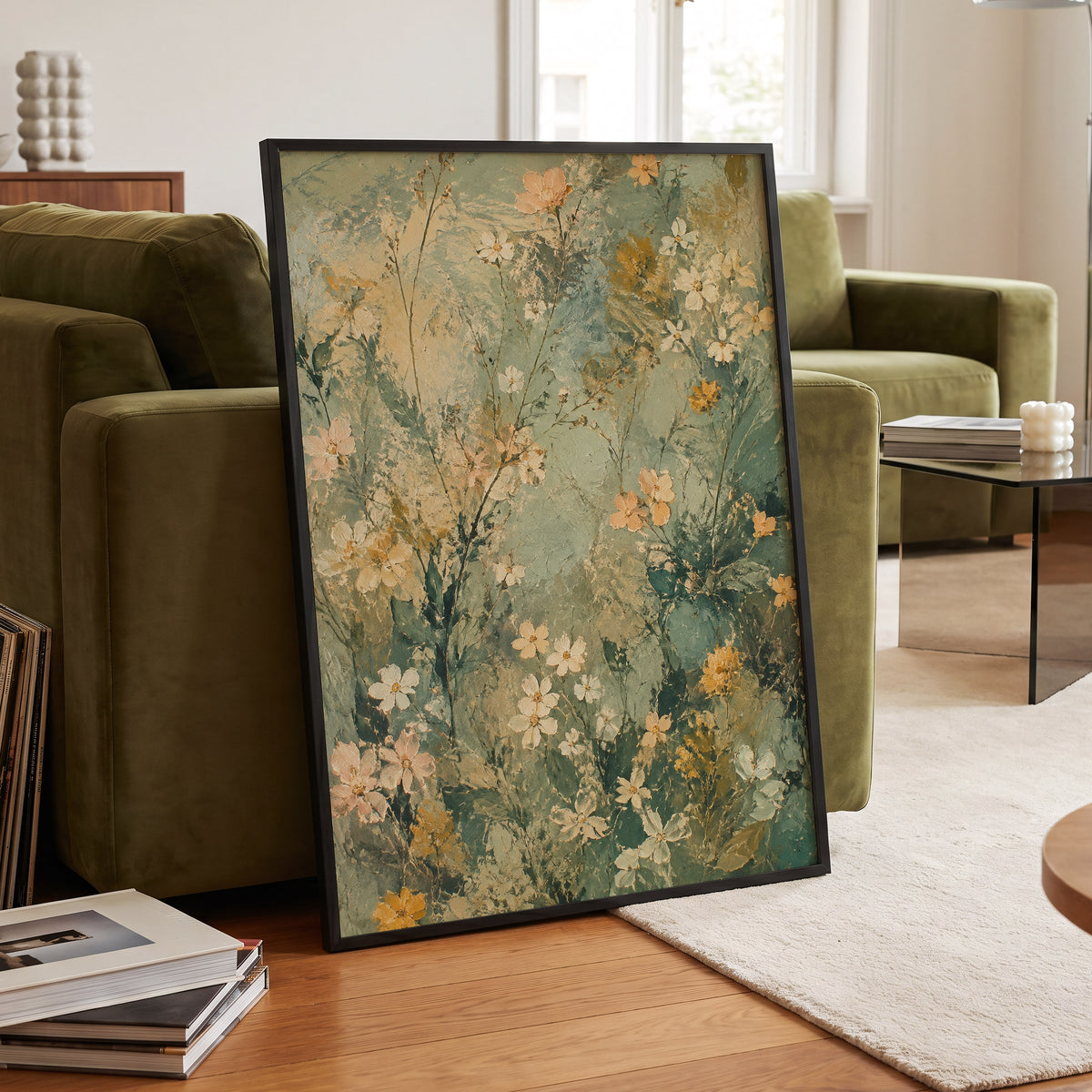 Sage Blossom Drift, green, beige, white floral wall art displayed in a styled interior, gallery view 6