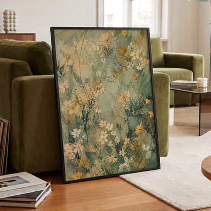 Sage Blossom Drift, green, beige, white floral wall art displayed in a styled interior, gallery view 6