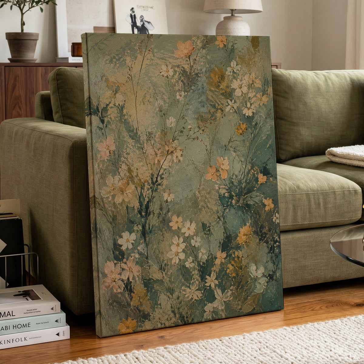 Sage Blossom Drift, green, beige, white floral wall art displayed in a styled interior, gallery view 7