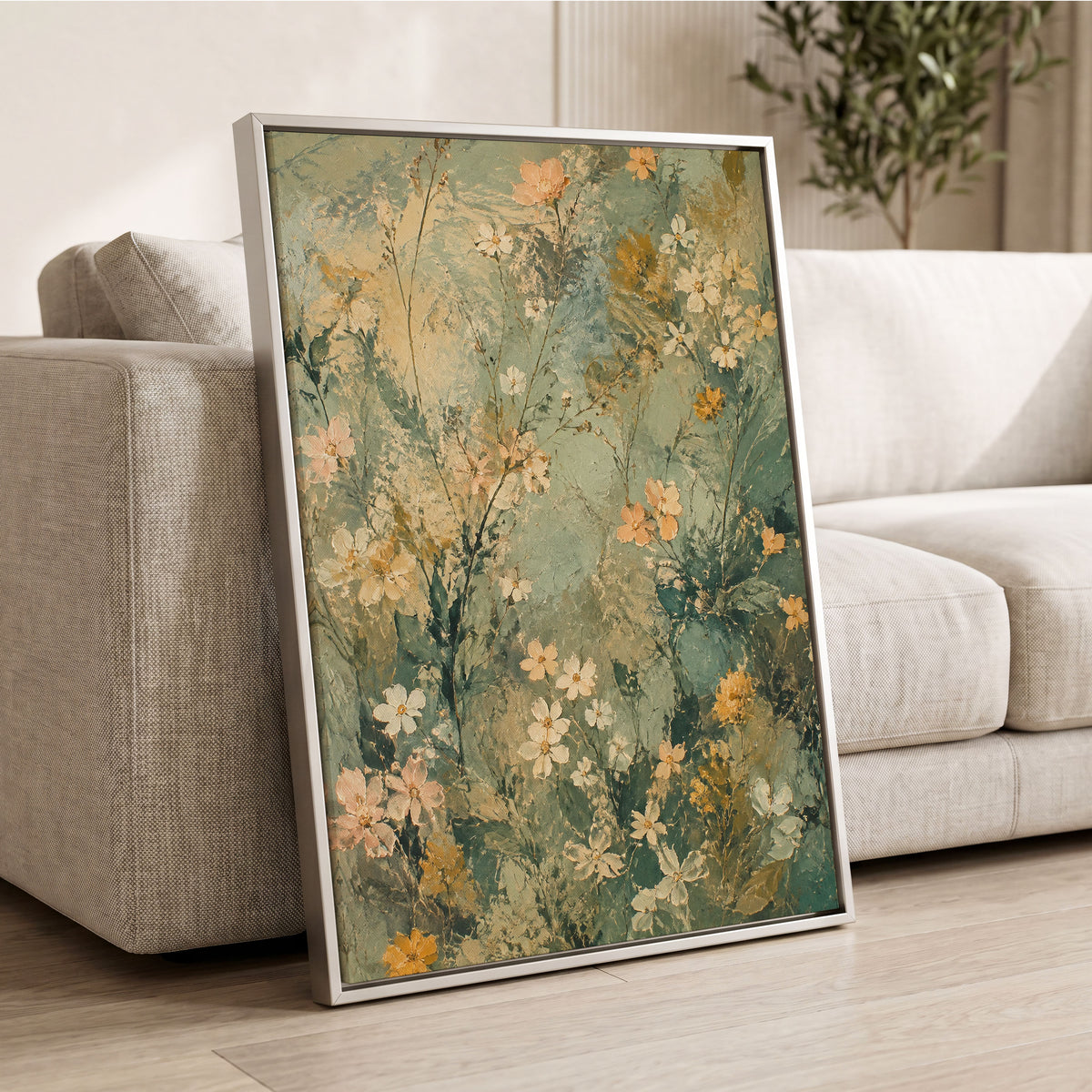 Sage Blossom Drift, green, beige, white floral wall art displayed in a styled interior, gallery view 8