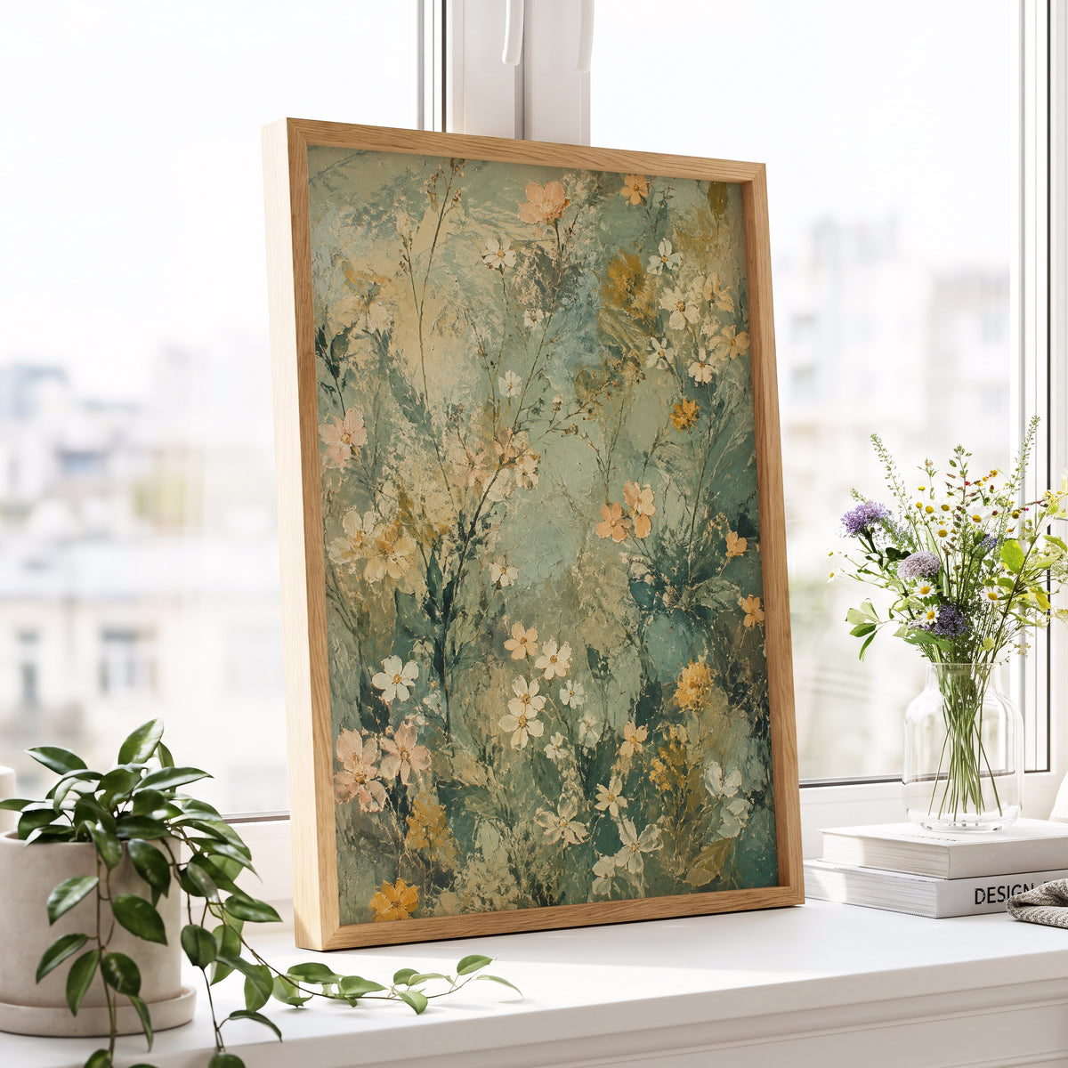 Sage Blossom Drift, green, beige, white floral wall art displayed in a styled interior, gallery view 9