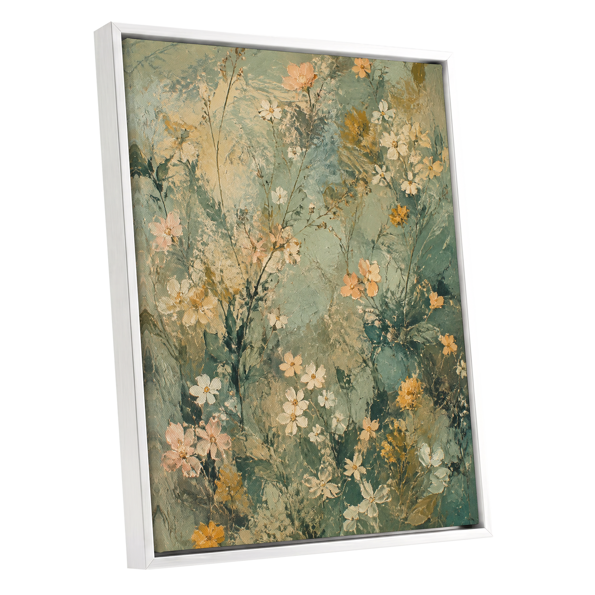 Sage Blossom Drift, green, beige, white floral wall art shown as a white framed canvas wall art