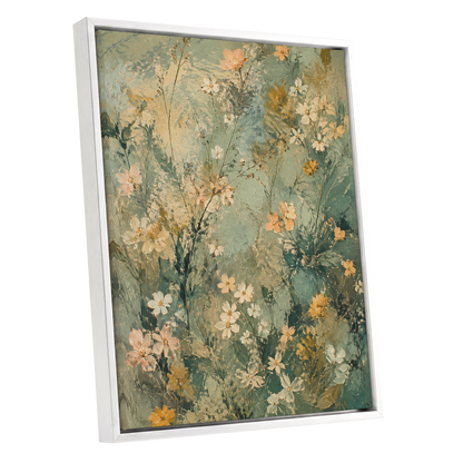 Sage Blossom Drift, green, beige, white floral wall art shown as a white framed canvas wall art