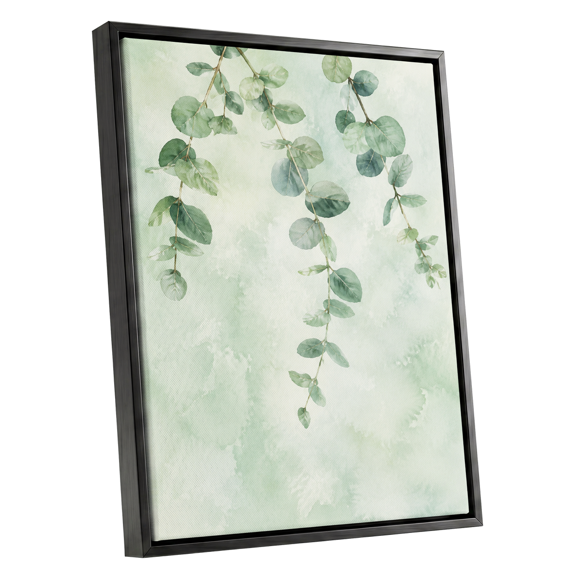Sage Cascade, green, beige, blue nature wall art shown as a black framed canvas wall art