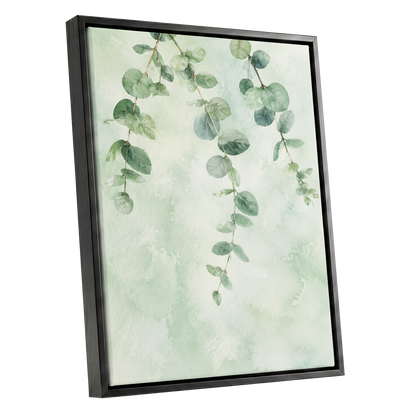Sage Cascade, green, beige, blue nature wall art shown as a black framed canvas wall art