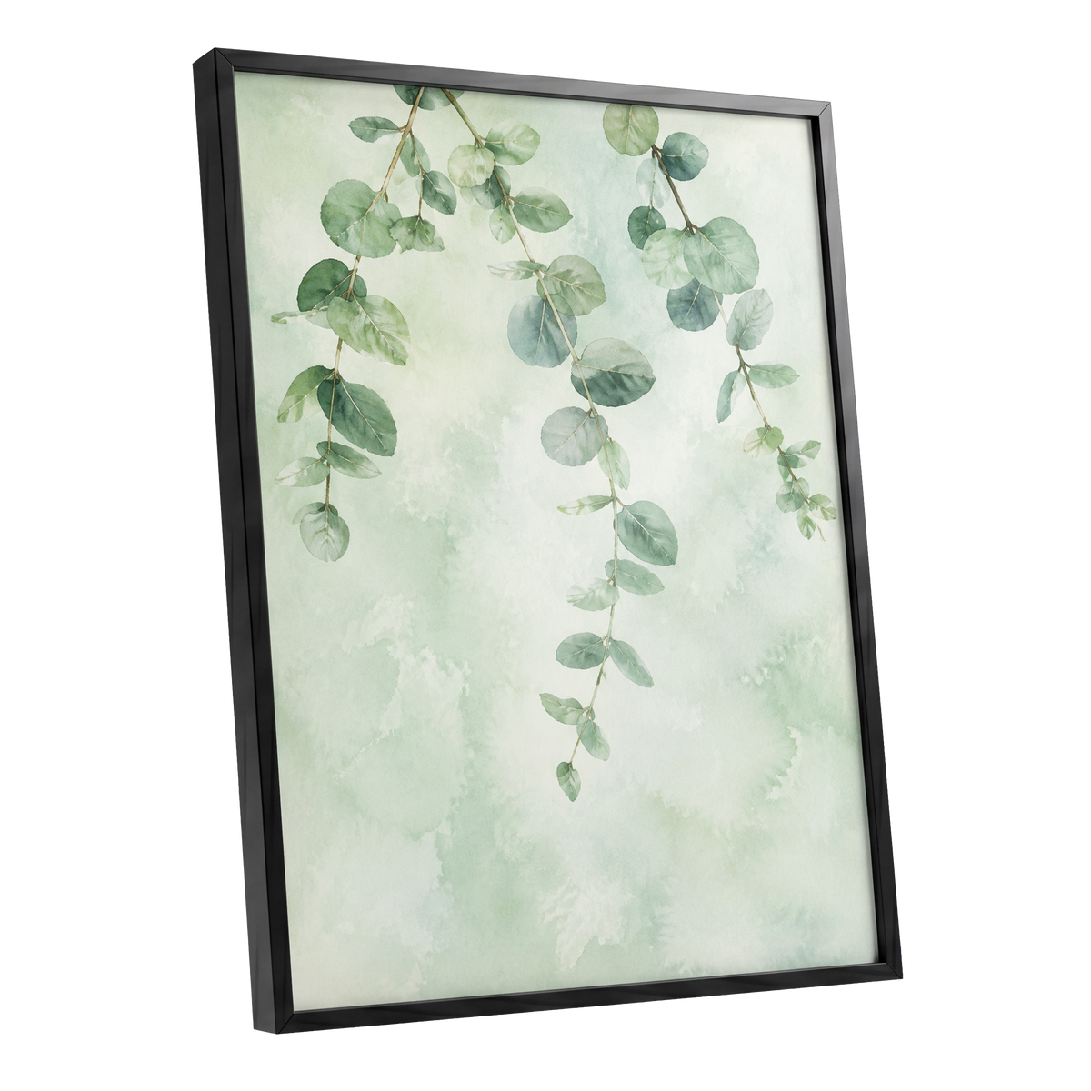 Sage Cascade, green, beige, blue nature wall art shown as a black framed poster wall art print