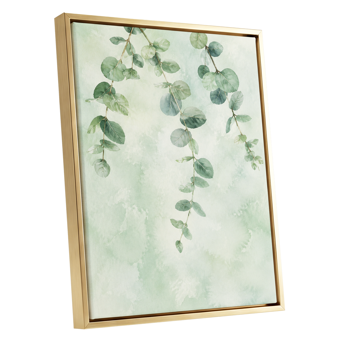 Sage Cascade, green, beige, blue nature wall art shown as a gold framed canvas wall art