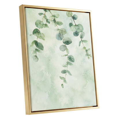 Sage Cascade, green, beige, blue nature wall art shown as a gold framed canvas wall art