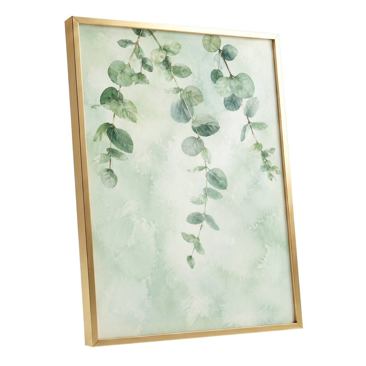 Sage Cascade, green, beige, blue nature wall art shown as a gold framed poster wall art print