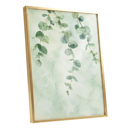 Sage Cascade, green, beige, blue nature wall art shown as a gold framed poster wall art print