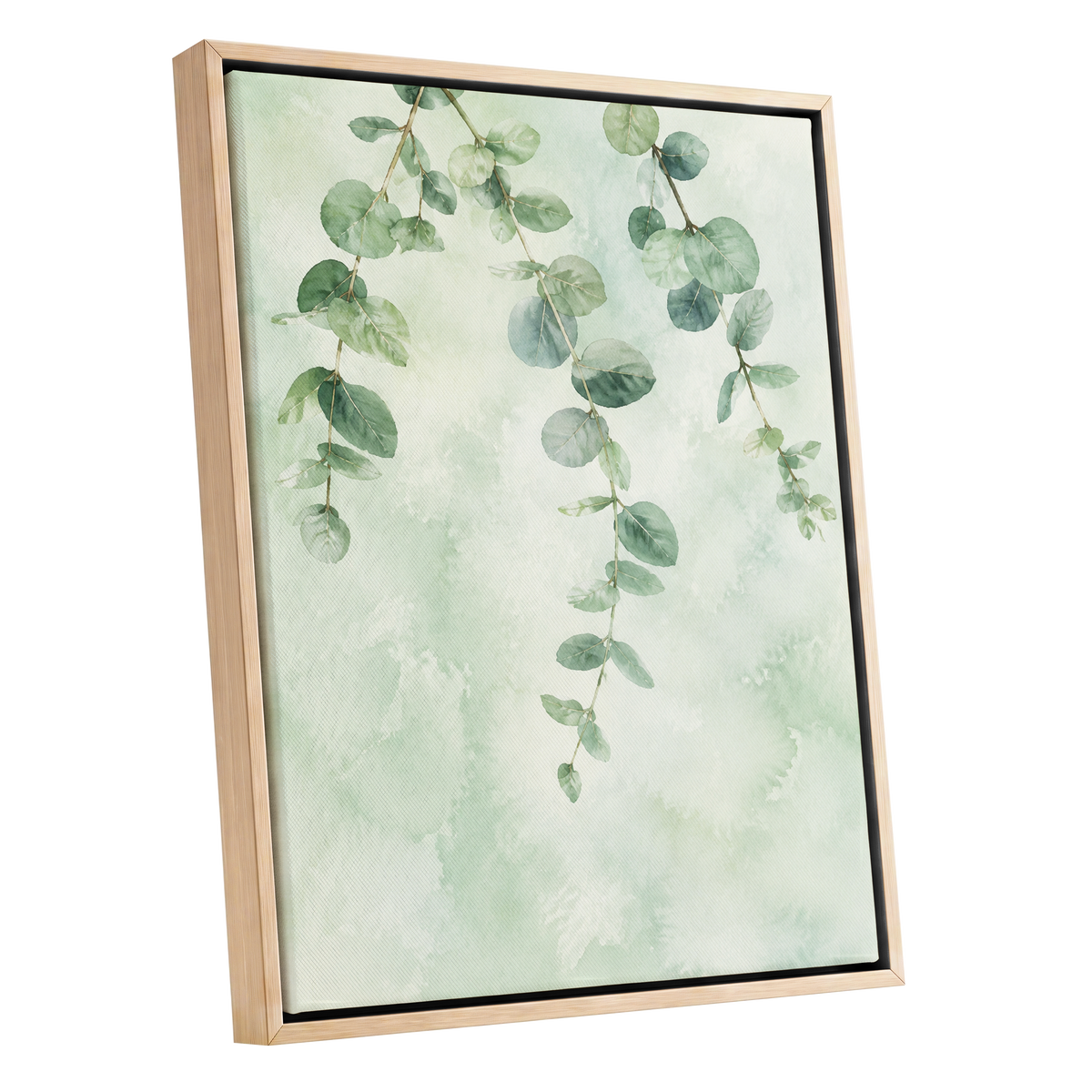 Sage Cascade, green, beige, blue nature wall art shown as a oak framed canvas wall art