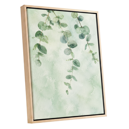 Sage Cascade, green, beige, blue nature wall art shown as a oak framed canvas wall art
