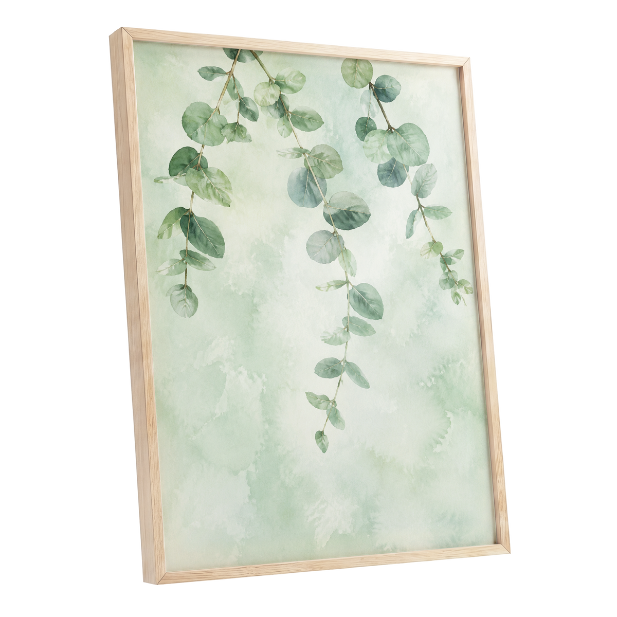 Sage Cascade, green, beige, blue nature wall art shown as a oak framed poster wall art print