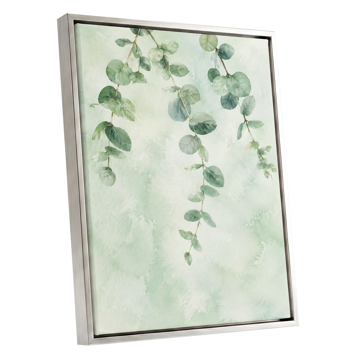 Sage Cascade, green, beige, blue nature wall art shown as a silver framed canvas wall art