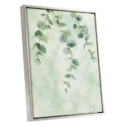 Sage Cascade, green, beige, blue nature wall art shown as a silver framed canvas wall art