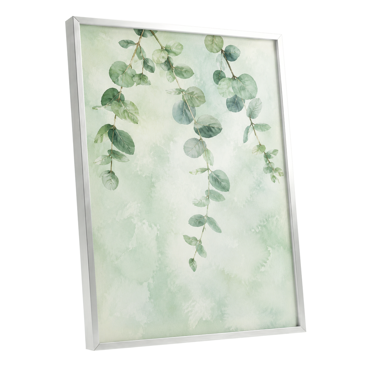Sage Cascade, green, beige, blue nature wall art shown as a silver framed poster wall art print